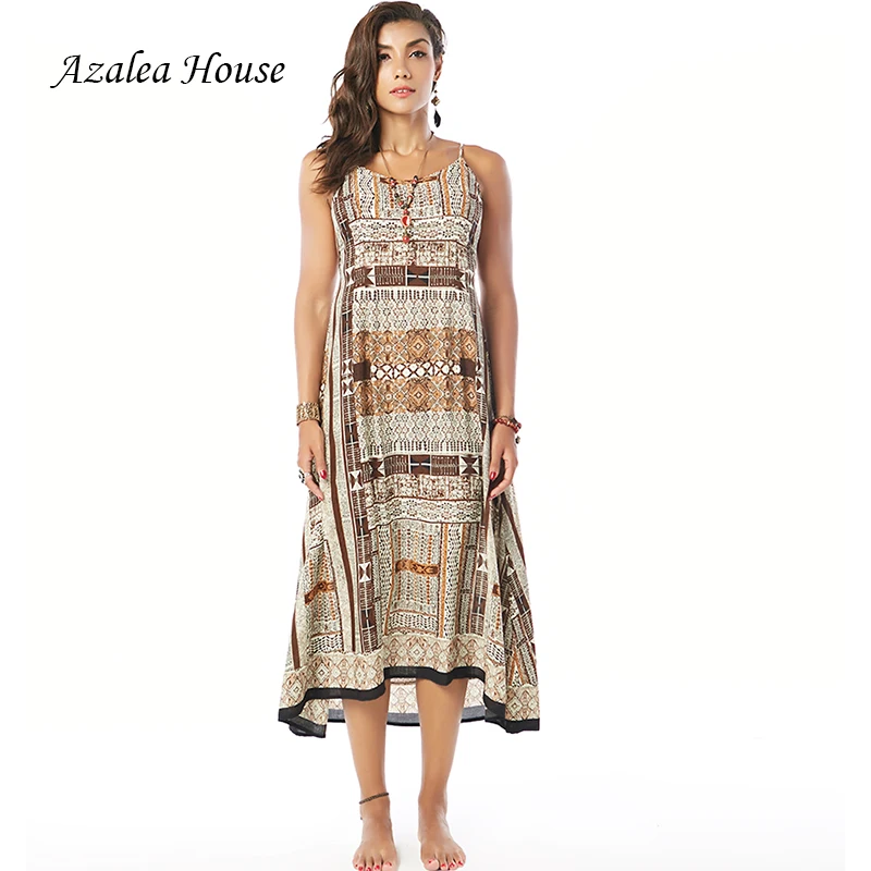 Azalea House Sexy Women Dress National African Style Mid Calf Loose Print Backless Cross Bandage Straped Dress