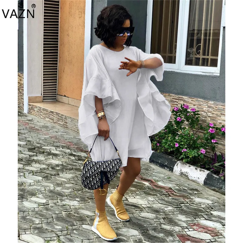 

VAZN Top Quality Fashion Hot Solid O-Neck Mini Dress Women Batwing Sleeve Loose Dress Ladies Ruffles Hollow Out Vestidos CQ5137