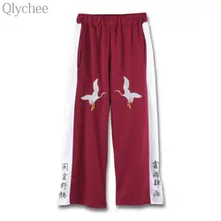 Qlychee кран вышивка китайский брюки карман с эластичной резинкой на талии карман плавки Для женщин Для мужчин летние повседневные штаны