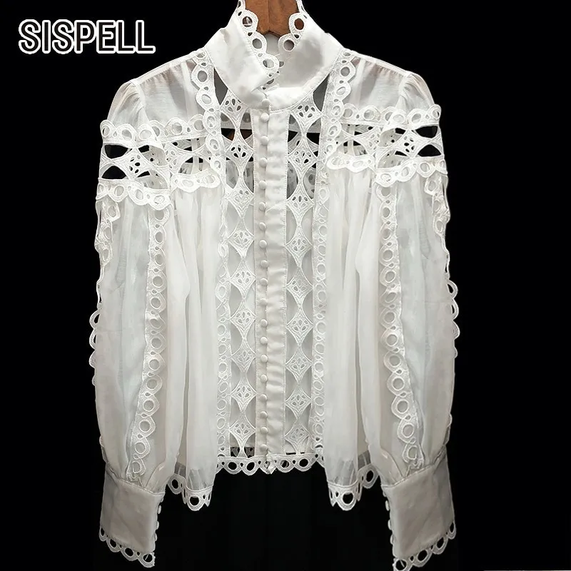

SISPELL Loose Solid Hollow Out Blouse Top Female Stand Collar Long Sleeve Button Korean Blouse Female Fashion New 2019 Summer