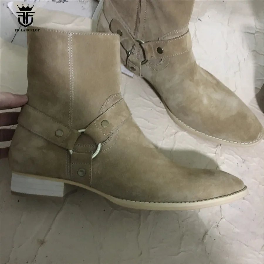 New Exclusive Handmade Beige Cow Suede Leather High Top Ankle Strap Wedge Men Boots Real Picture Denim Street Chelsea Boots real picture luxury handmade classical wyatt homme harness high top chelsea men boots wedge real cow leather suede boots