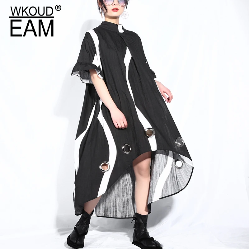 WKOUD EAM 2019 Новое весенне-летнее платье с коротким рукавом и стоячим воротником черное Полосатое платье с асимметричным вырезом большой