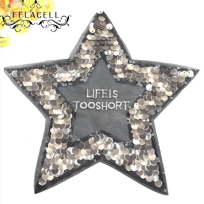 

FFLCELL Sequined Patches Pentagram Star Design Black For Lace Clothes Applique Sticker Sweater Badge Garment Accessory