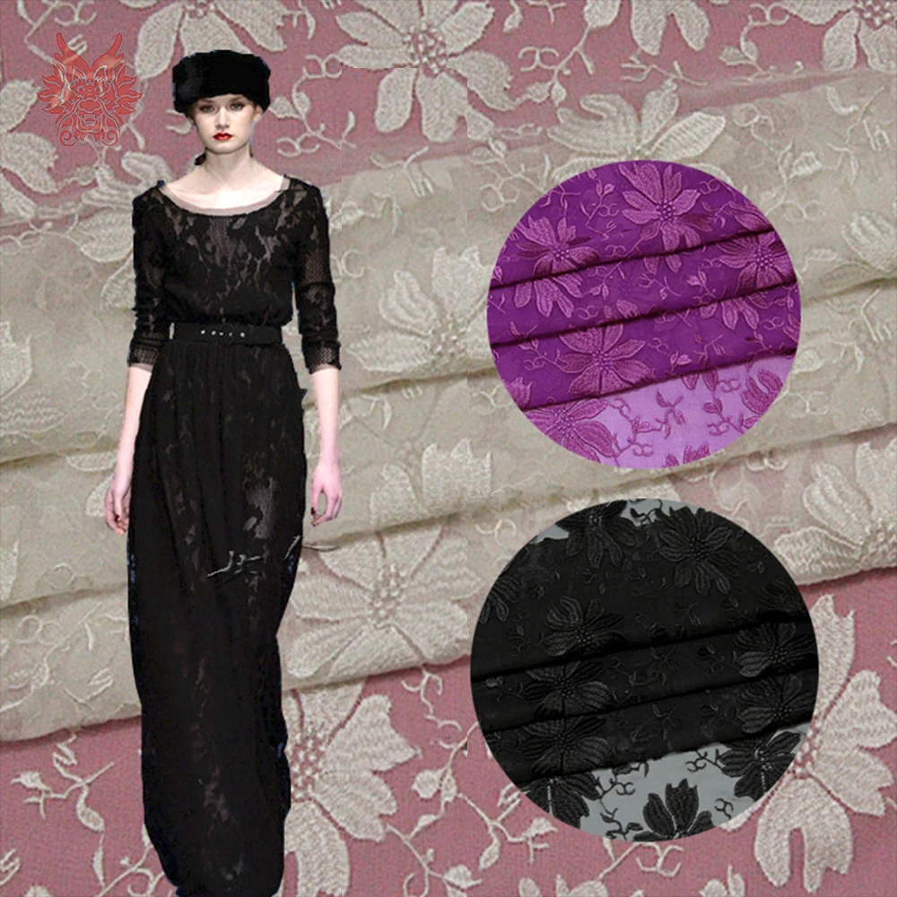 

8mm black white purple floral embroidery silk georgette fabric for dress tissue tela tejido for sewing FREE SHIPPING SP4188