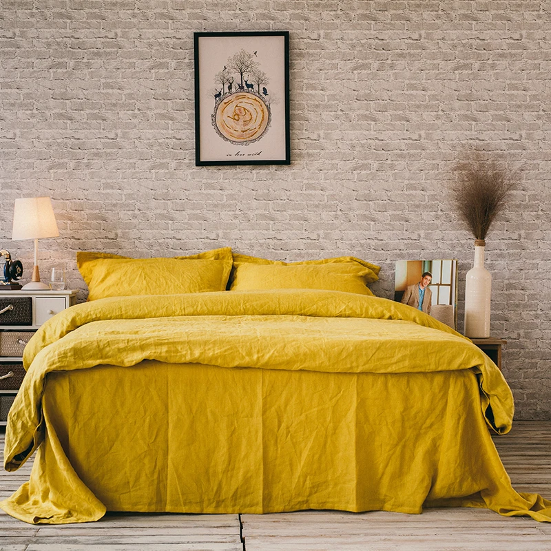 

100% Linen Solid Golden Luxurious Customizable Size 4 Pcs Bedding Sets Hotel Americano Bedding