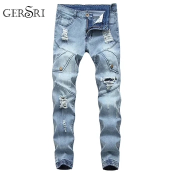 

Gersri Male hole European American style denim trousers pants Fashion New Men's Casual Patch Jeans High Street New Brand Pants