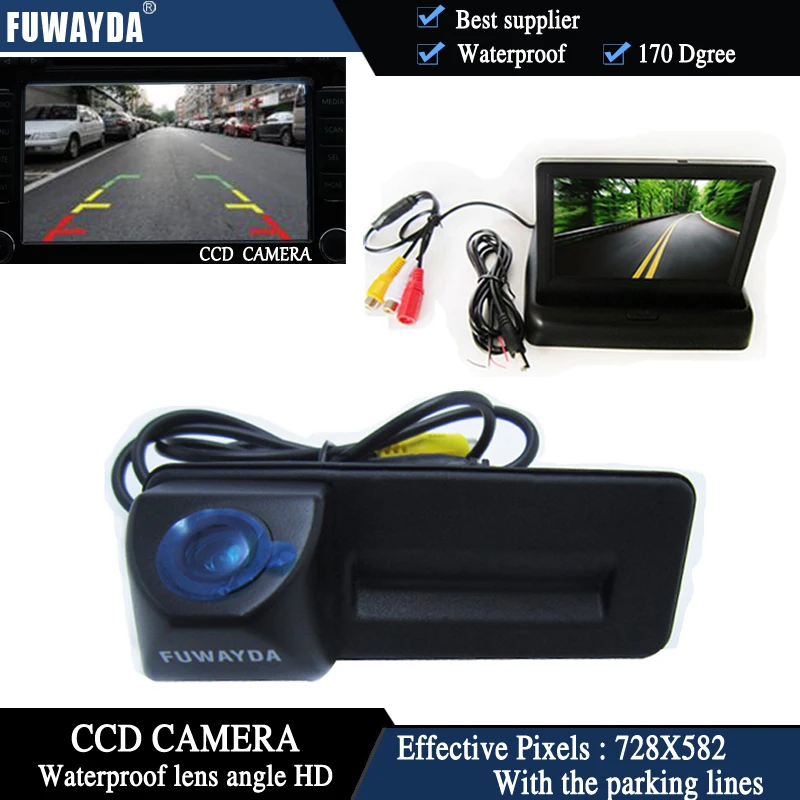 

FUWAYDA 4.3 inch Car Mirror Monitor+HD CCD car rear view Trunk handle Camera for Skoda Roomster Fabia Octavia superb for Audi A1