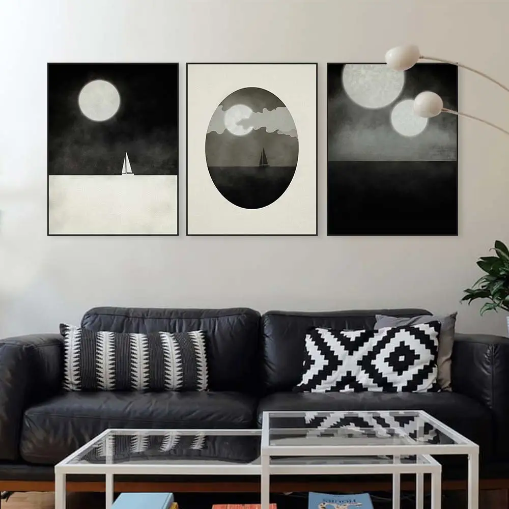 

Triptych Abstract Seascape Canvas Art Print Poster Black White Moon Boat Wall Pictures Home Decor Paintings No Frame