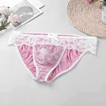 

TiaoBug Men Swimwear Underwear Soft Shiny Floral Lace Low Rise Stretchy Sissy Panties Bikini Briefs Hot Sexy Gay Male Lingerie