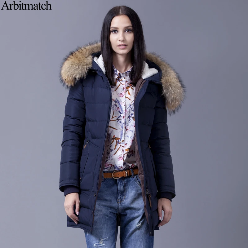 Arbitmatch Luxury Large Real Racoon Fur Down Coats Women Parkas Fashion Duck Down Jacket With