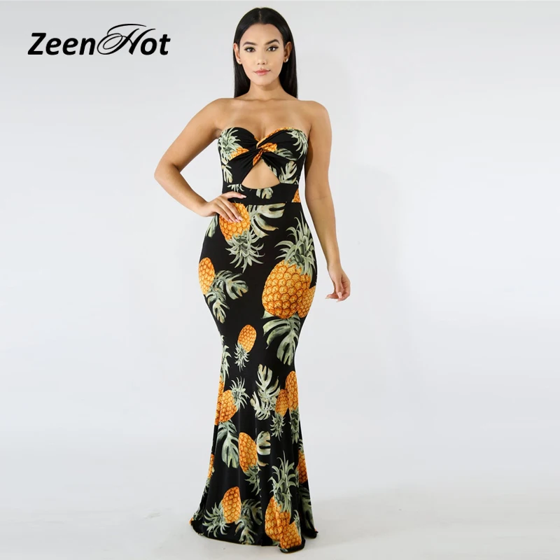 New Women Fruit Printed Party Dresses Summer Sexy Strapless Long Dress