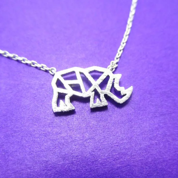 RHINO RHINOCEROS OUTLINE SHAPED PENDANT NECKLACE IN SILVER