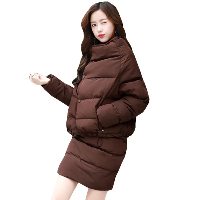 

Winter Women Puls Size Loose Fashion Feather Cotton Suit 2017 New Thick Cotton Jacket +Cotton Skirt fallow Ladies Two Sets WZ142