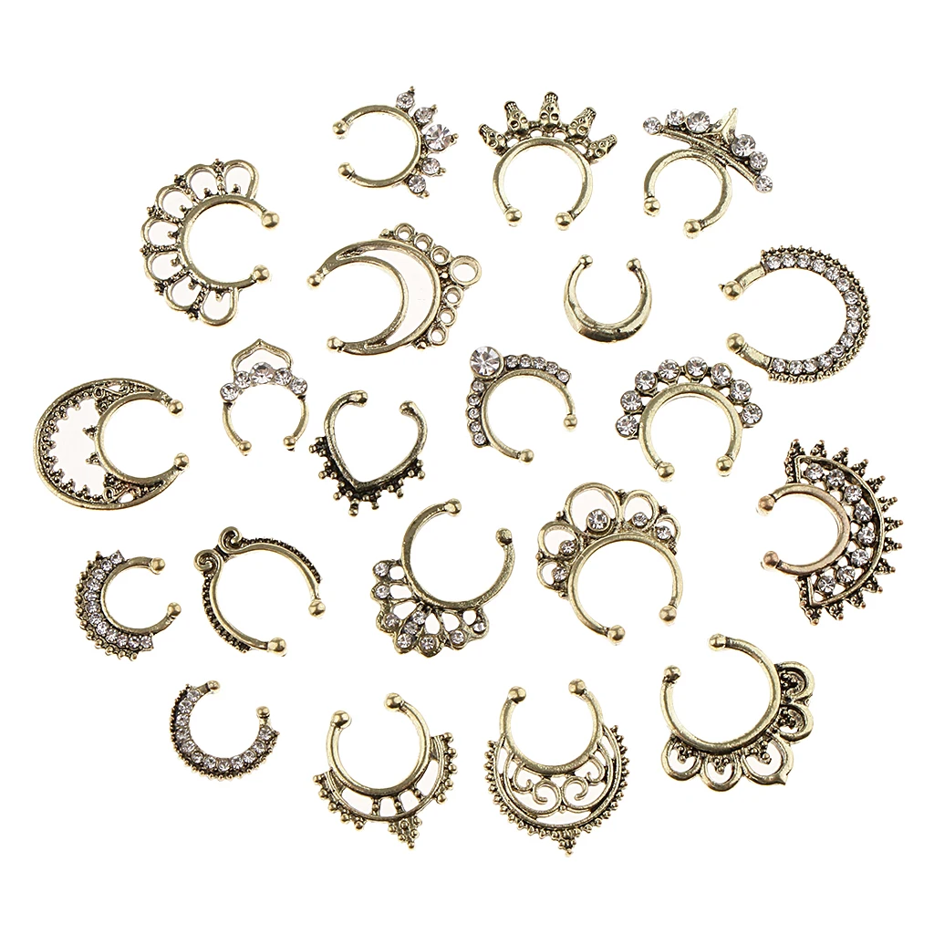 21 Pieces Crystal Fake Septum Clicker Nose Ring Non-piercing Assorted Shape Illusion Piercing Nose Ring Loop