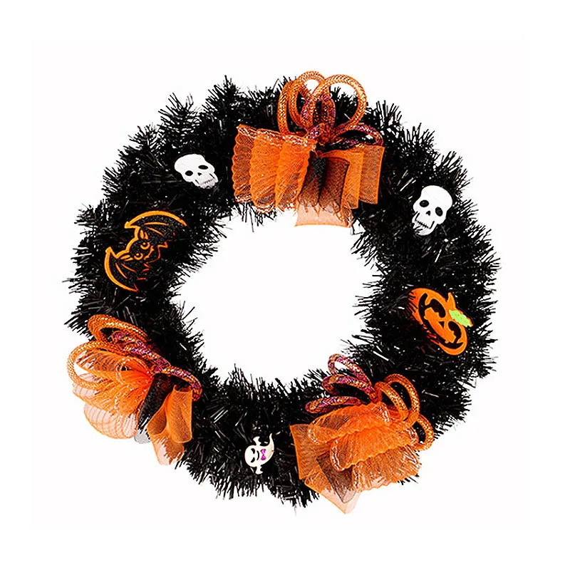 

Artificial Black Tinsel Wreath Skulls Orange Ornaments Simulation PVC Garland Fake Flower Halloween Door Window Hanging Decor