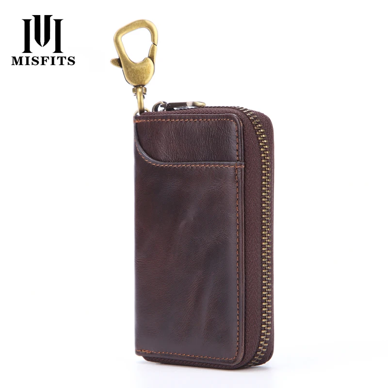 

New Genuine Leather Multi-purpose Key Bag Small Oil Wax Cowhide Card Holder Men's Waist Hanging Zipper Money Wallets