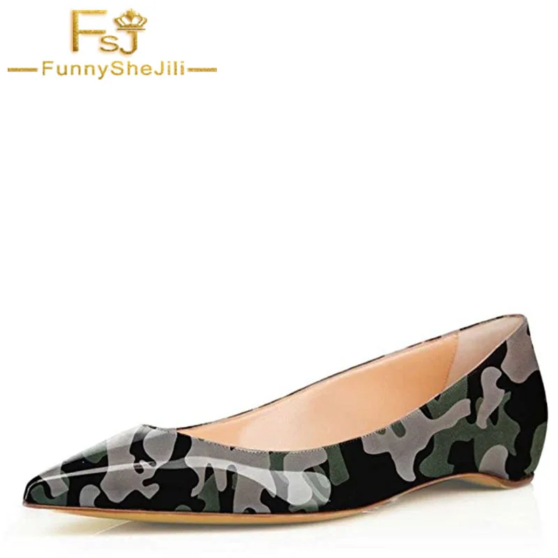 Army 2017 Camouflage Patent Leather Women Pointed Toe Sexy Flats Ballet