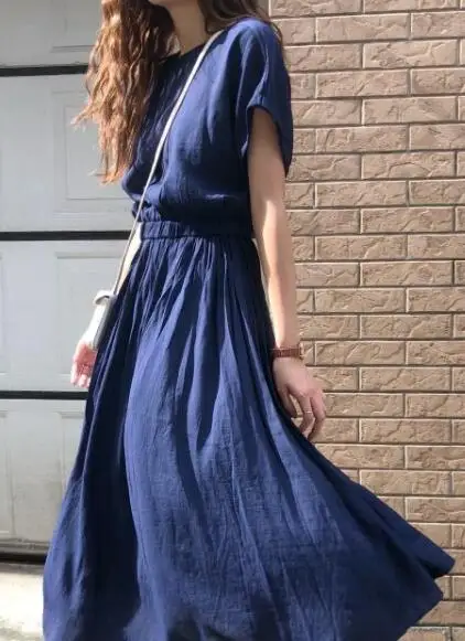 Женское летнее длинное однотонное синее платье A-Line Vestidos винтажное платье с эластичной талией и рюшами Femme Ete Sukienki Sommerkleid Jurken - Цвет: Тёмно-синий