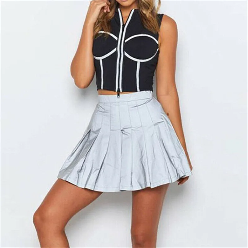 Для женщин модные Светоотражающие однотонная плиссированная юбка одноцветное Высокая Талия Вид Блестящий Короткие мини-юбка вечерние клуб летнее вечернее короткое платье;