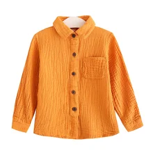 Льняная хлопковая рубашка для мальчиков и девочек; весенне-осенняя одежда для детей; Детский кардиган с отложным воротником и пуговицами; блузка с длинными рукавами; топы
