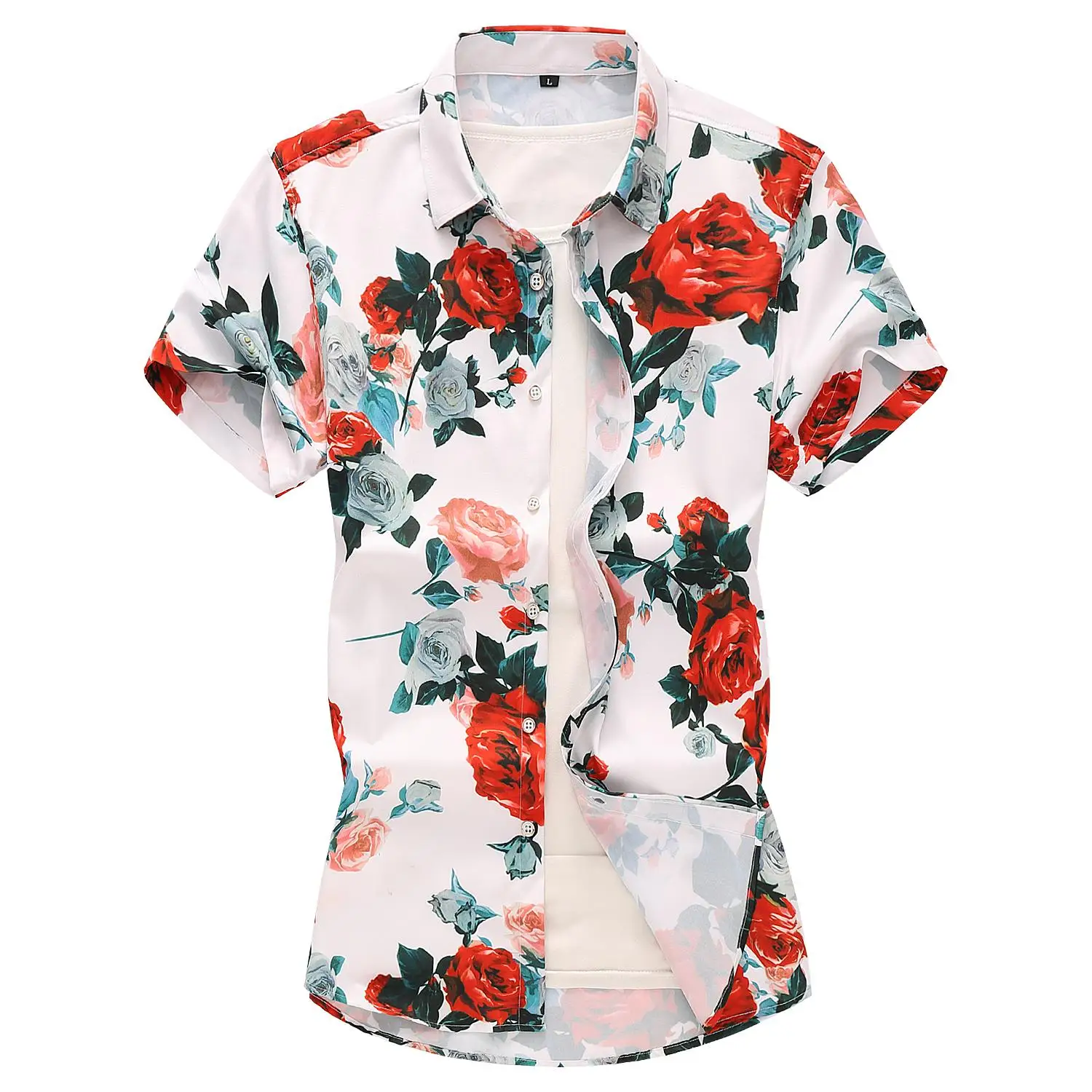 

Social Shirt Korean style Floral Blouse Men Summer Red Plus size Flower Shirt for Men Short sleeve Polyester