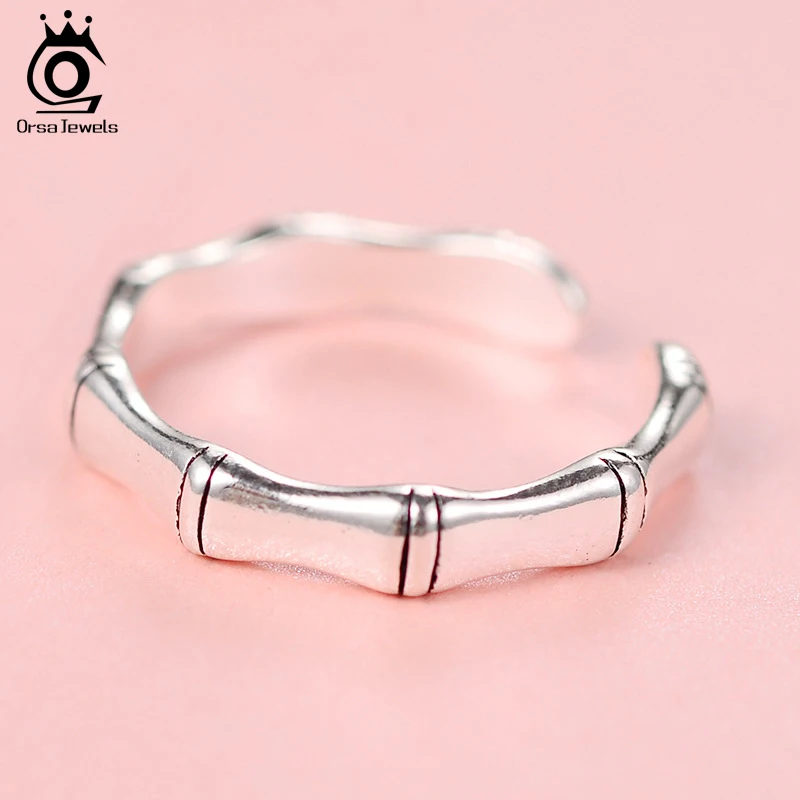 ORSA JEWELS 925 Sterling Silver Ring For Women Bamboo Bone Open Cuff Rings Resizable Wedding Engagement Fashion Jewelry PSR50