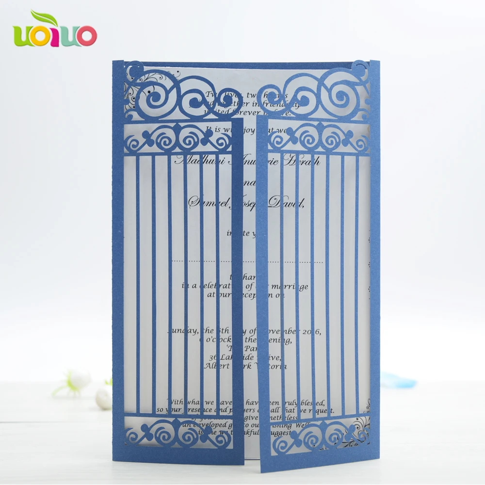 

free shipping 2017 New 10pcs/lot sea blue Hollow Flower gate Wedding Invitation Card With insert paper Envelope Free Shipping