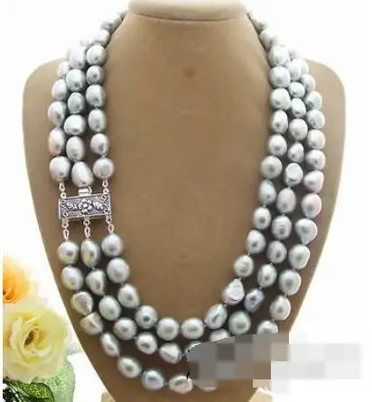 

triple strands 9-10mm south sea silver grey baroque pearl necklace 17"18"19"925