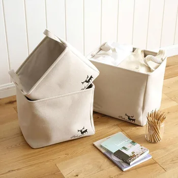 

3 Sizes Beige Cotton Linen Laundry Basket Hamper with Handle, Foadable Cute Clothes Toys Sundries Bag Box Holder Organizer