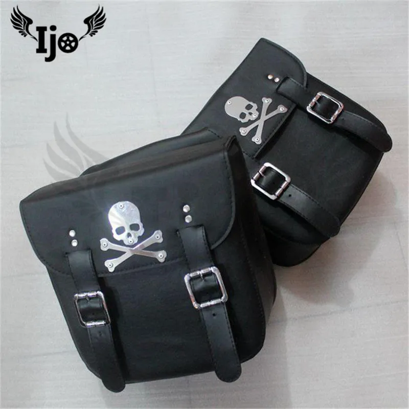 Ijo Pair Black Universal Motorcycle PU Leather Saddlebags Storage Tool Pouches Bags Left Right Saddle Bag Tail Luggage Bag