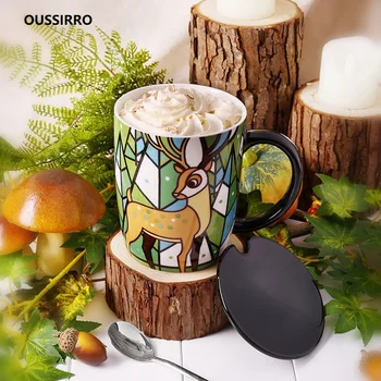 

OUSSIRRO Hand-Painted Ceramic Coffee Mugs Cute Cartoon Animal owl Breakfast Tea Milk Cups and Mugs With Spoon Drinkware 550ML