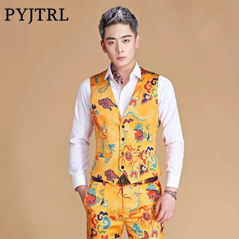 PYJTRL жилеты для мужчин плюс размер Fashion Мода Золотой Дракон печати жилет китайский стиль Chaleco Hombre Colete Мужская Свадебная жилетка