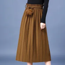 Vintage Metallic Women Pleated Skirt High Waist Velvet Midi Skirt Winter Thick Warm Woolen Belt Female Skirts Womens Bottoms
