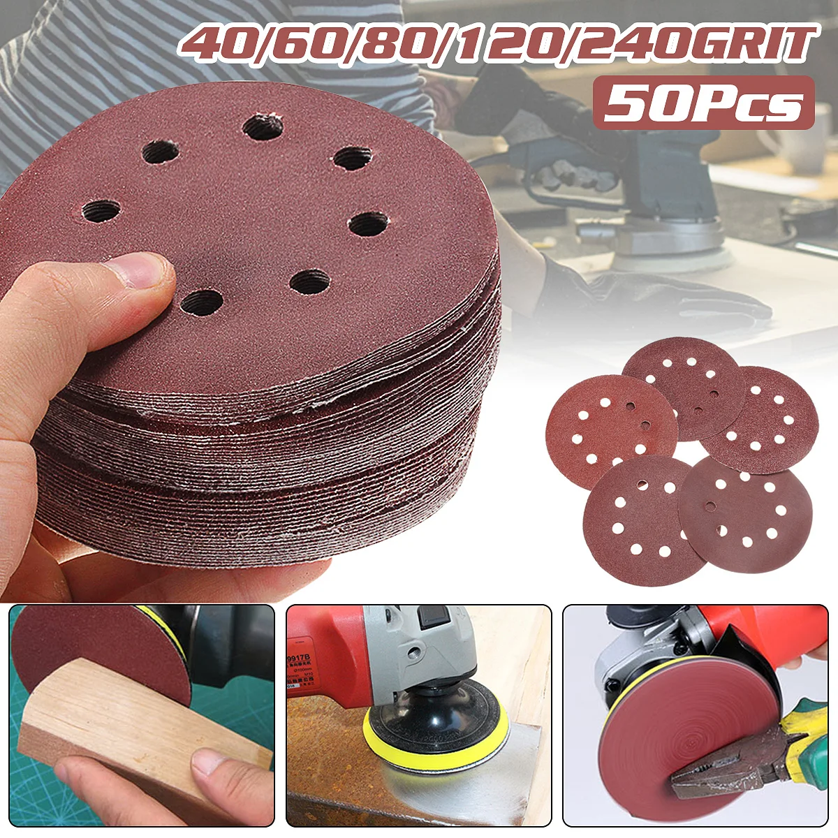 50pcs/Set 125mm Sanding Disc Round Shape 8 Hole Mixed 40 60 80 120 240