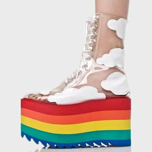 

Womens Trendy Transparent Ankle Boots Gothic High Heels Rainbow Flat Platform Shoes Lace Up C44