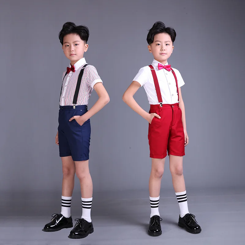 

New Summer Children Short Wedding Overall Suits with Bowtie for Boys Kids Performance Suits Boys Formal Suits