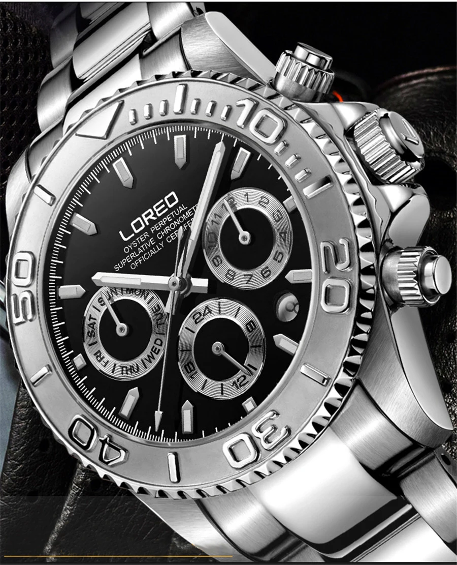 LOREO Sapphire Crystal 200m Waterproof Men's Sport Watch Multifunction Fashion Mens Watches Male Classic Design Steel Dial Clock