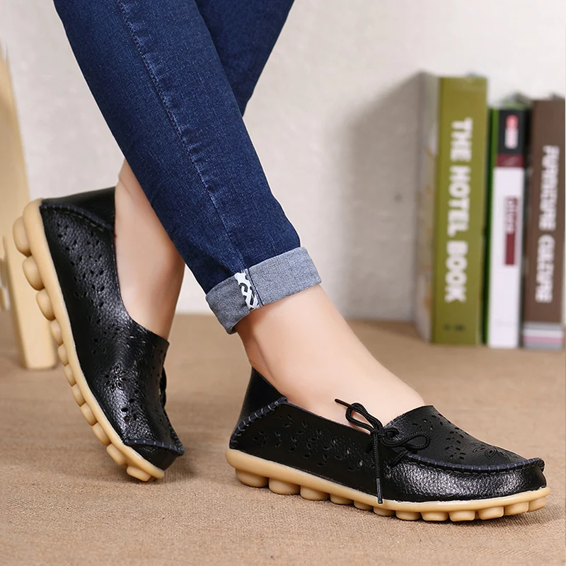 Flats Women Genuine Leather Shoes Woman Autumn Flat Shoes Women Loafers Slip On Moccasins Sapatos Feminino Casual Shoes - Color: Black