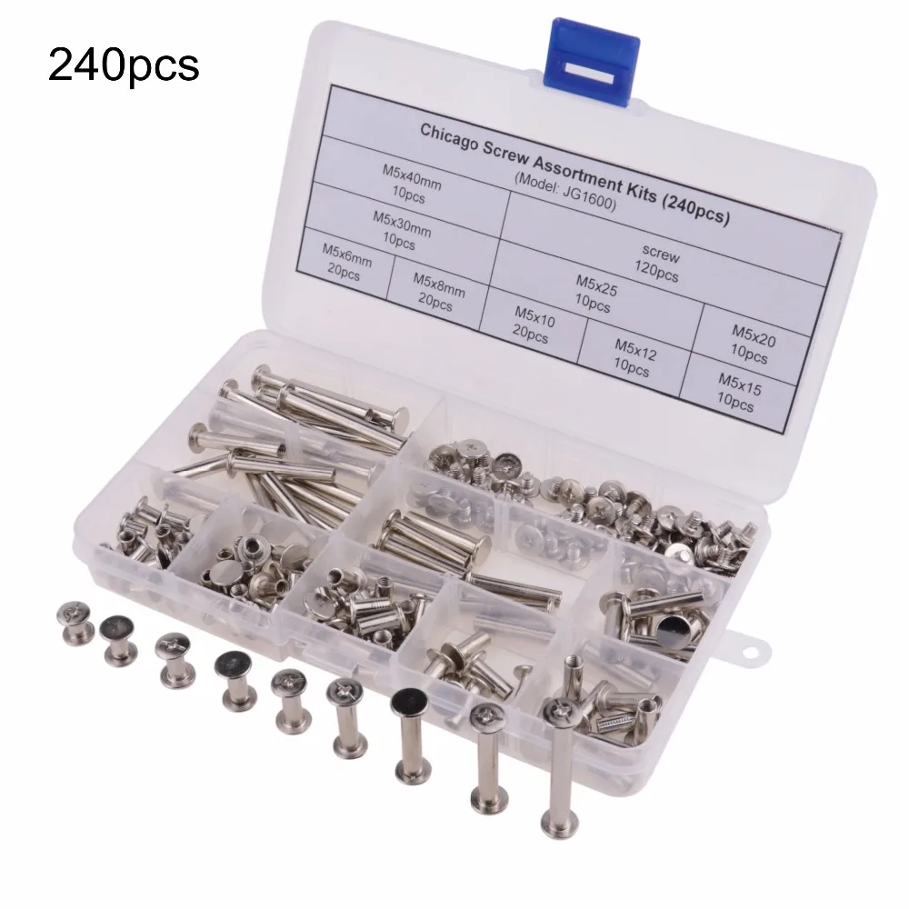 240pcs Nickel Plated Chicago Screws Assortment Kits, Snap Rivet Books