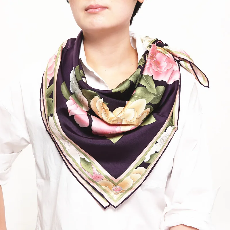 

silk square scarf new style fashion silk scarf 100%hand side flowers purple size:88x88 thickness:14mm
