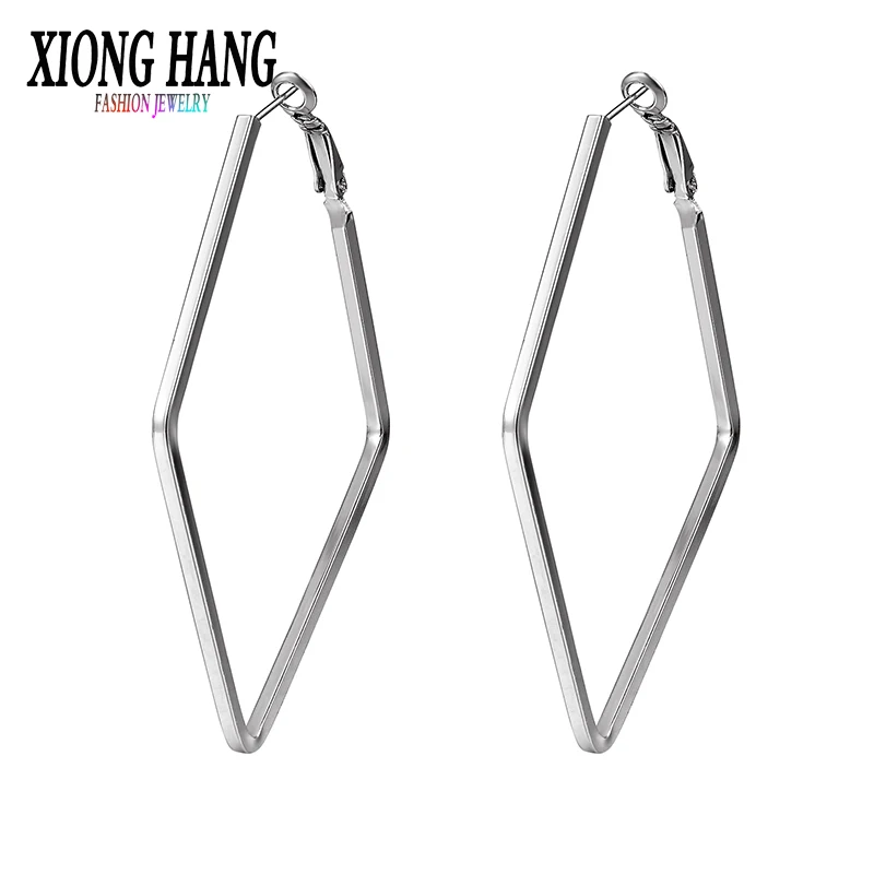 

XiongHang Punk Style 70mm*47mm Big Metal Rhomb Hoop Earrings Women Fashion Jewelry Pendientes Geometric Statement Earring 2018