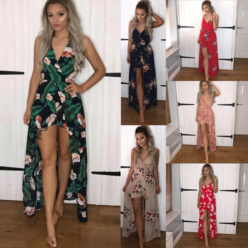 Womens Printed Rose V Neck Boho Beach Shorts Party Evening Slit Bohemia  Maxi Long Dress Black Pink Red Sze Plus Dresses - Dresses - AliExpress