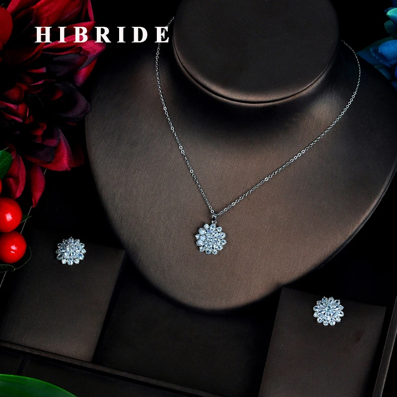 

HIBRIDE Beauty Flower Pendant Necklace Jewelry Sets Women Bridal Necklace Earrings Bijoux Set Clear Brilliant CZ Set N-601