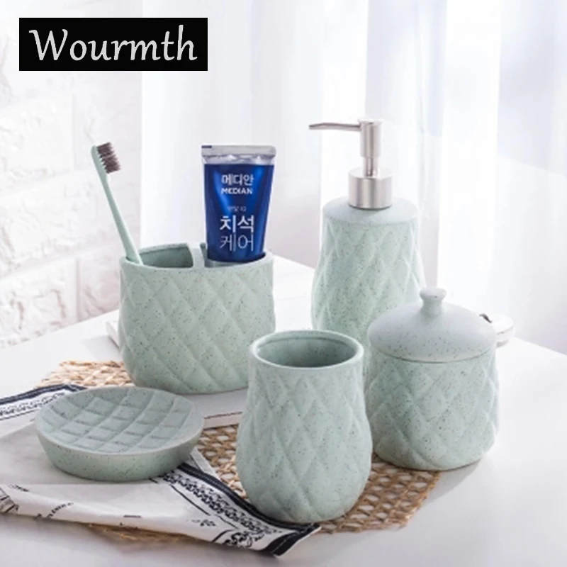 

Wourmth Simple Dumb Color Ceramic Bathroom Accessories Set of Five sets Liquid bottle cotton swab box toothbrush cup Wash sets