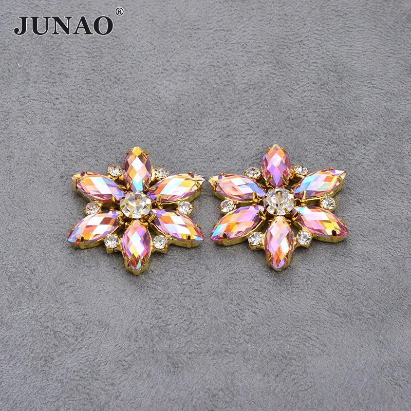 

JUNAO 36mm Pink AB Crystal Glass Rhinestones Flower Strass Applique Flat Back Gems Sew On Claw Stones Clothes Jewelry for Crafts