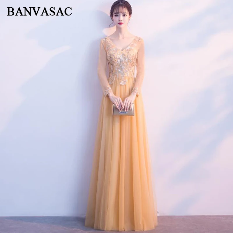 

BANVASAC 2018 A Line V Neck Sequined Long Evening Dresses Party Lace Appliques Long Sleeve Backless Prom Gowns