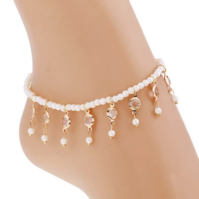 

Fashion Temperament Pearl Crystal Pendant Elasticity Anklets Boho Women' Ankle Chain Summer Beach Holiday Leisure Jewelry Bijoux