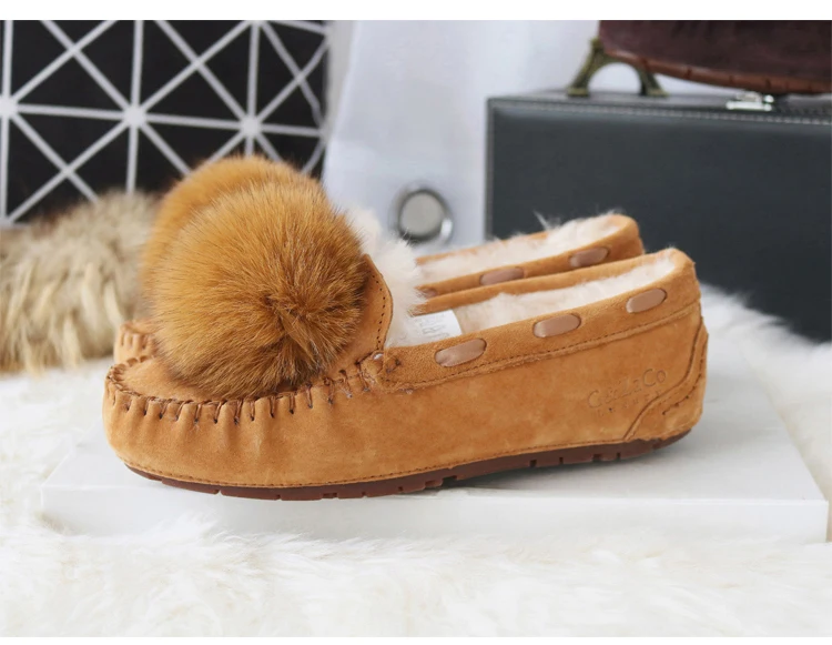 Autumn Winter Suede Shoes Women Flats Genuine Leather Flat Shoes Natural Wool Sheep Fur Natural Ball Fox Fur Women Shoe