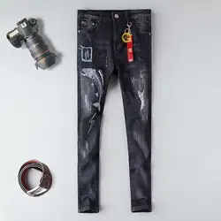 2019 Новые мужские джинсы с вышивкой Fishbone узкие черные рваные и потёртые Большие размеры 29-38 homme джинсовые брюки мужские джинсы с дырками