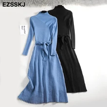 2019 Otoño Invierno maxi suéter vestido mujer manga larga OL vestido largo tipo suéter para mujer con cinturón elegante a-line vestido sólido Delgado(China)